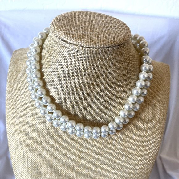 Cathy's Concepts Faux Double Strand Pearl Necklace Silver White Choker 16" - Picture 2 of 10